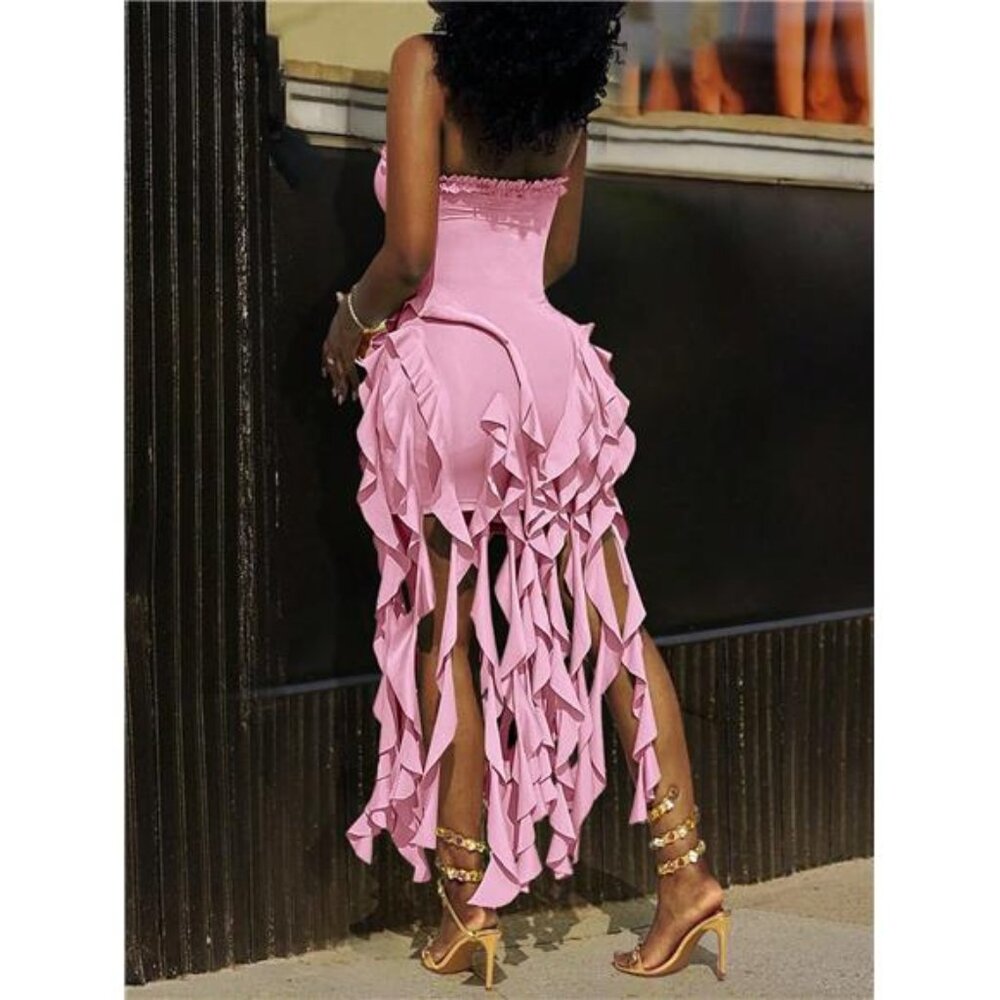Women Sexy Strapless Midi Ruffles Bodycon Dress - Picture 4 of 6